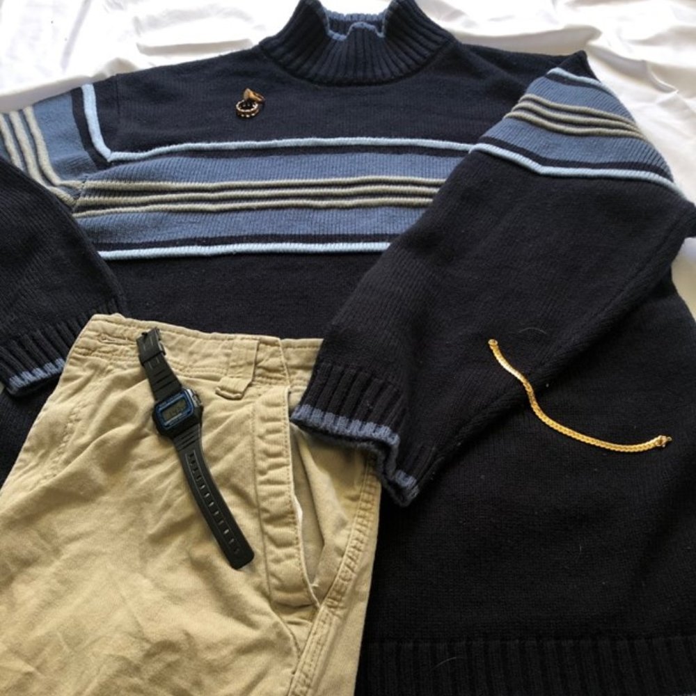 VINTAGE SouthPole Turtleneck Navy and Blue Striped Sweater L